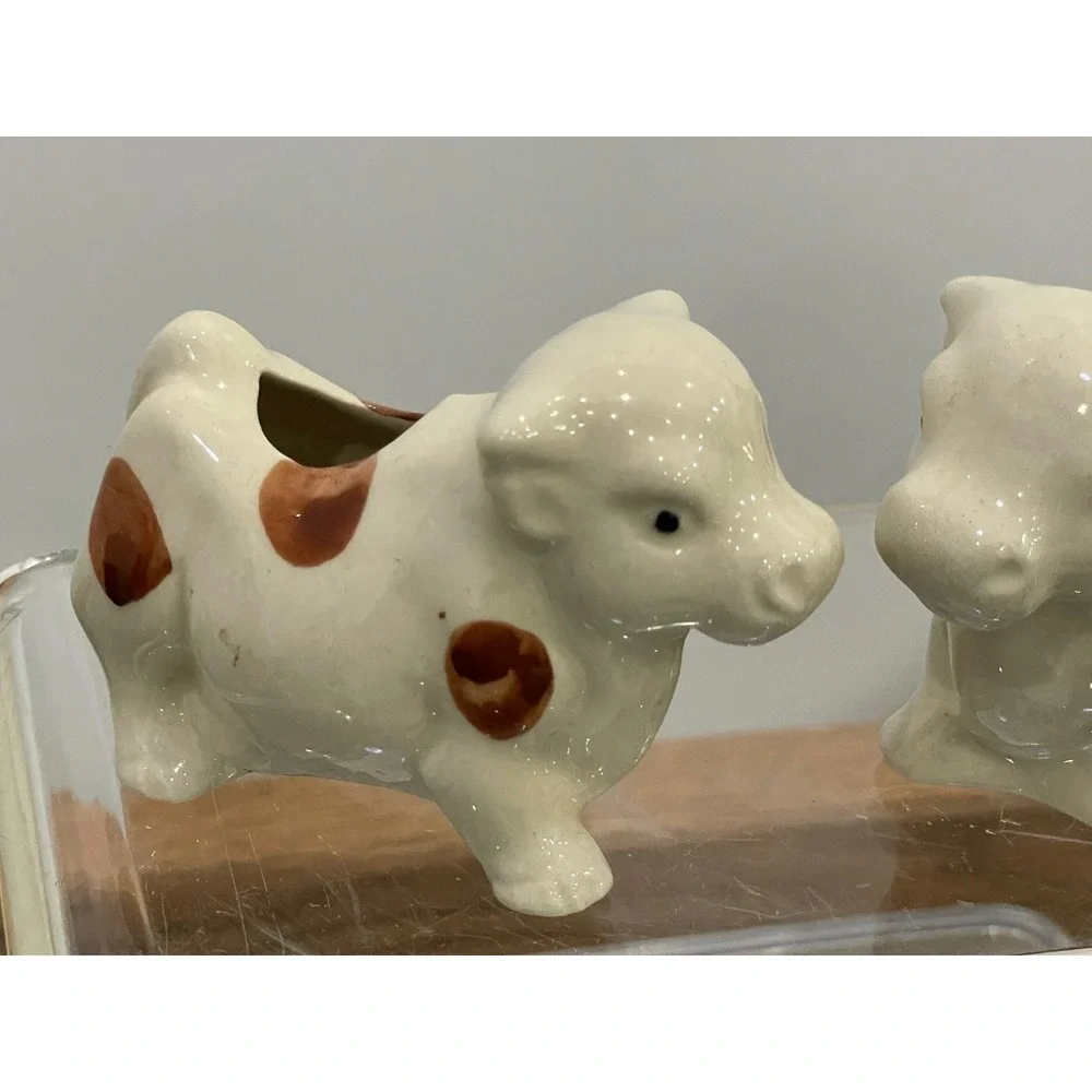 Cow Toothpick Holder Ceramic Vintage Set of 2 White Brown 3.25
